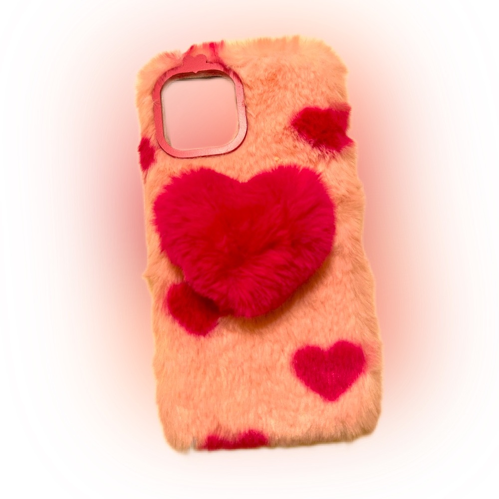 iPhone 12 ProMax Plush Pink Hearts Prints w/ Heart Phone Grip Soft Case NWT